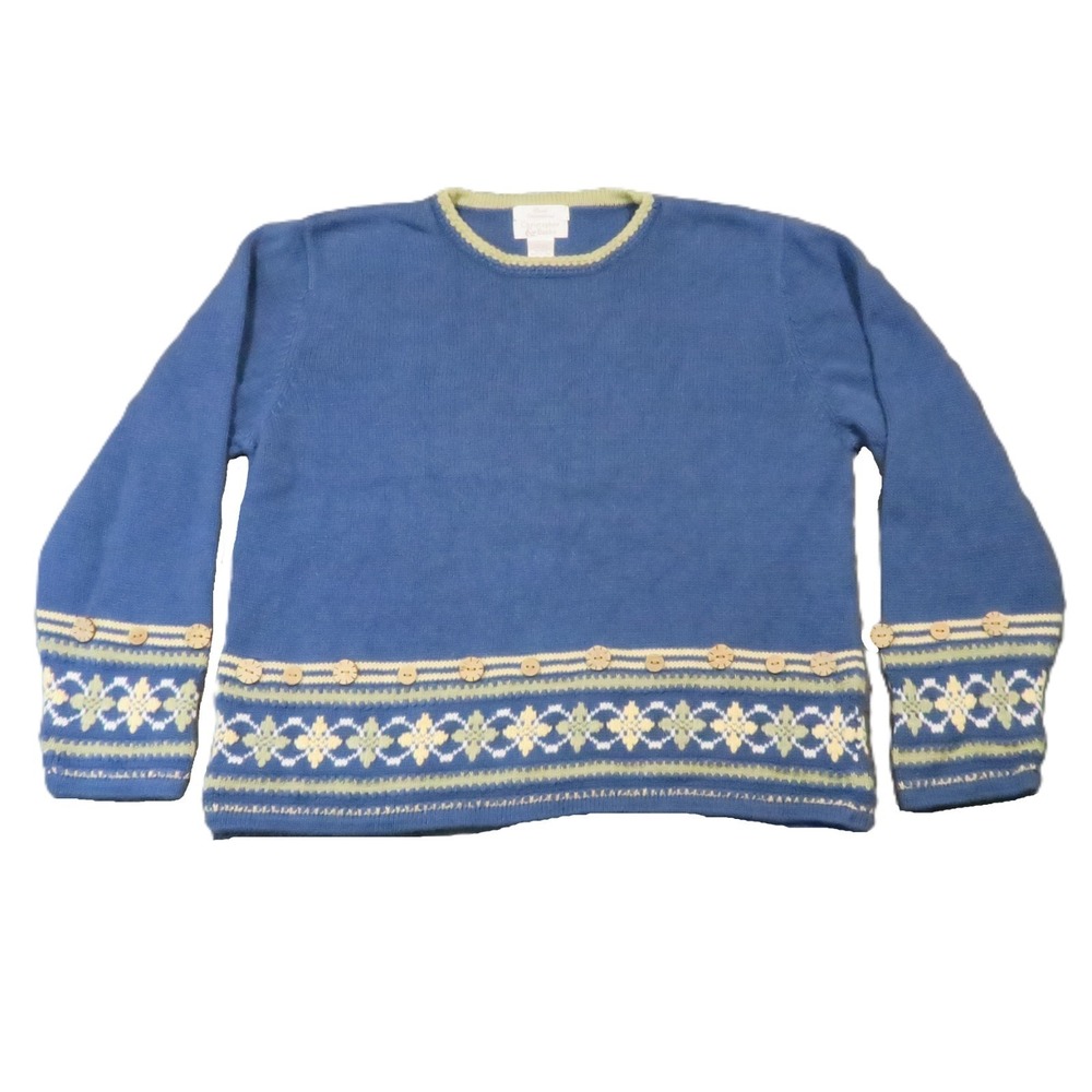 Christopher & Banks Sweater L Nordic Button Hand Embroidered Grandma Cottagecore